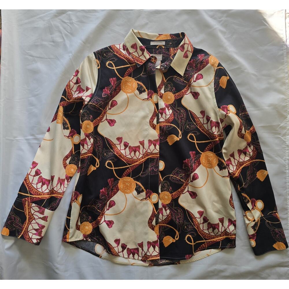 Chico's no iron button-up blouse geometric print 100% Cotton US 4/6 - Picture 3 of 7